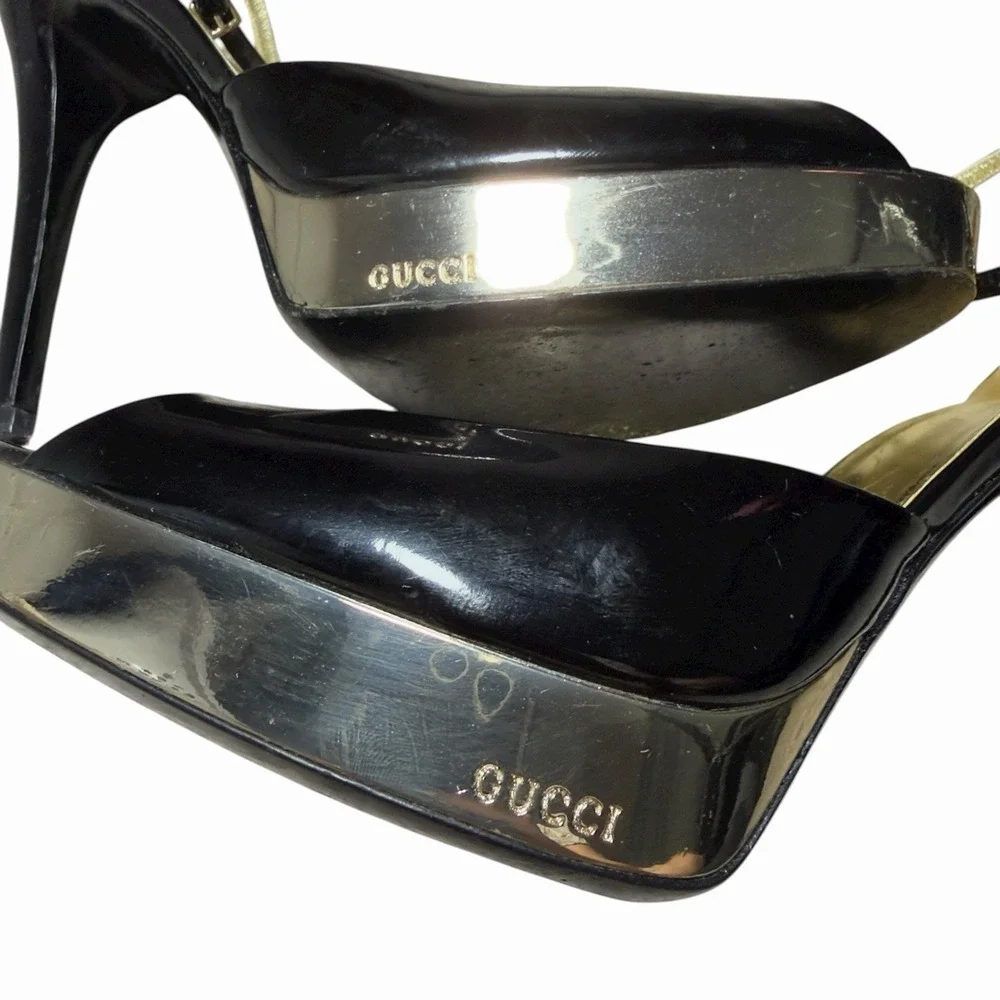 Gucci Black Patent Leather‎ Gold Platform Peep Toe Heels 9.5B Made in Italy